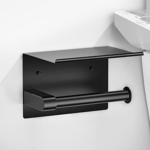 ASTOFLI Black Toilet Paper Holder With Shelf Phone Organizer