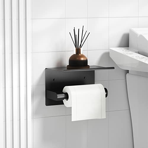 ASTOFLI Black Toilet Paper Holder With Shelf Phone Organizer