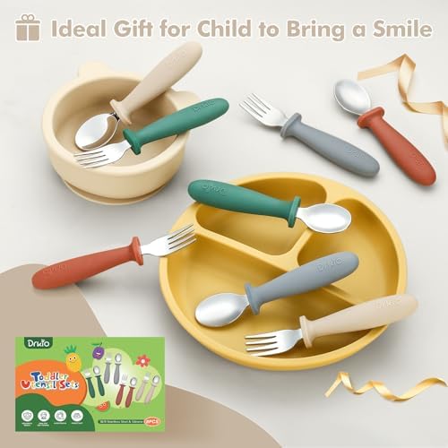DRKIO 8 Piece Toddler Utensils Set with Anti-Choke Design