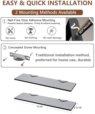 Thick tempered Glass floating shelf for BathroomDouble Pack No Drill Wallmont