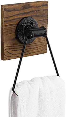 MyGift Industrial Matte Black Metal Towel Holder with Rustic Wood Backing