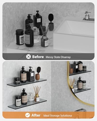 Thick tempered Glass floating shelf for BathroomDouble Pack No Drill Wallmont