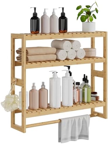 RRX Bamboo Adjustable Bathroom Shelf Organizer with 3-Tier Storage Beige