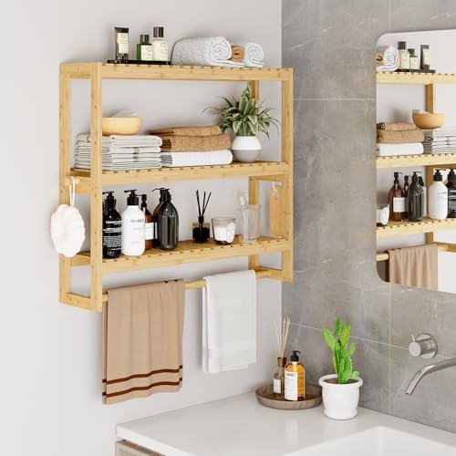 RRX Bamboo Adjustable Bathroom Shelf Organizer with 3-Tier Storage Beige
