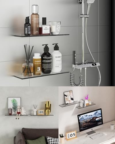 Thick tempered Glass floating shelf for BathroomDouble Pack No Drill Wallmont
