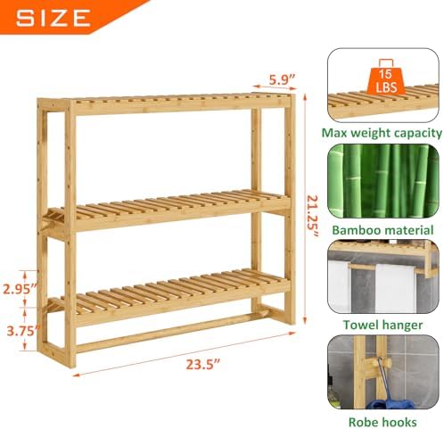 RRX Bamboo Adjustable Bathroom Shelf Organizer with 3-Tier Storage Beige
