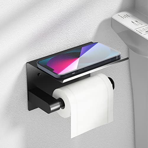 ASTOFLI Black Toilet Paper Holder With Shelf Phone Organizer