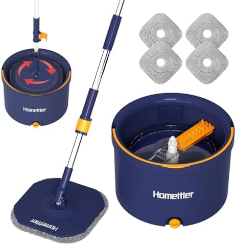 HoMettlerSpin Mop Bucket Set with 4 Microfiber Pads and Self-Separating Water System