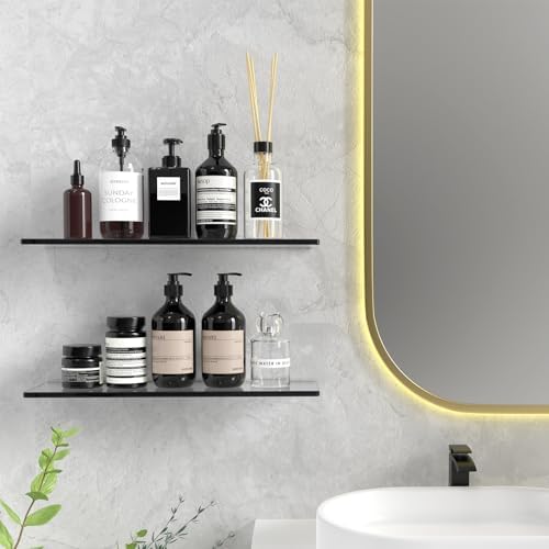 Thick tempered Glass floating shelf for BathroomDouble Pack No Drill Wallmont