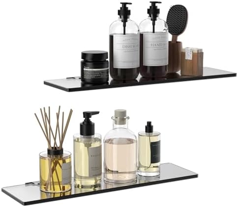 Thick tempered Glass floating shelf for BathroomDouble Pack No Drill Wallmont
