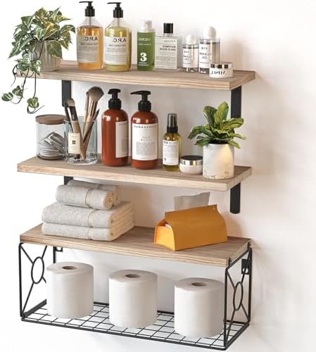 3-Piece Floating Storage Shelves with Wood Storage Basket