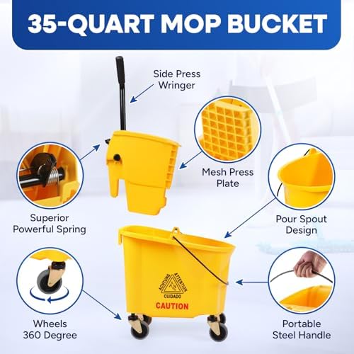 35 Quart Mop Bucket with Wringer Wheels Yellow Industrial