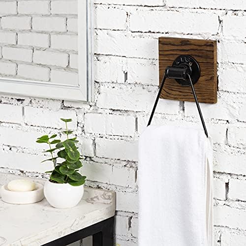 MyGift Industrial Matte Black Metal Towel Holder with Rustic Wood Backing