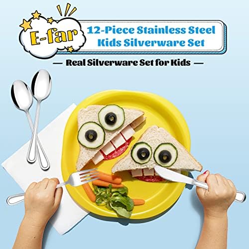 E-far 12-Piece Kids Safety Flatware Stainless Steel Set for Preschoolers