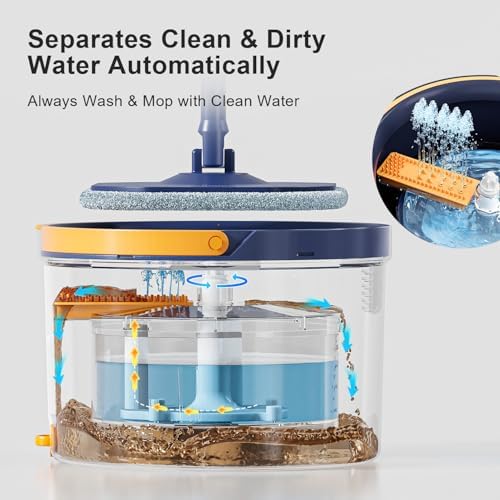 HoMettlerSpin Mop Bucket Set with 4 Microfiber Pads and Self-Separating Water System