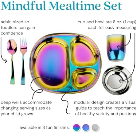 AHIMSNA Mindful Mealtime Set for Kids BPA-Free Stainless Steel Flatware Rainbow