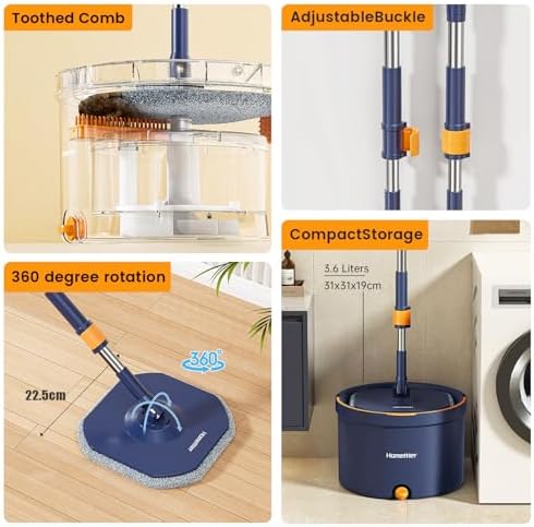 HoMettlerSpin Mop Bucket Set with 4 Microfiber Pads and Self-Separating Water System